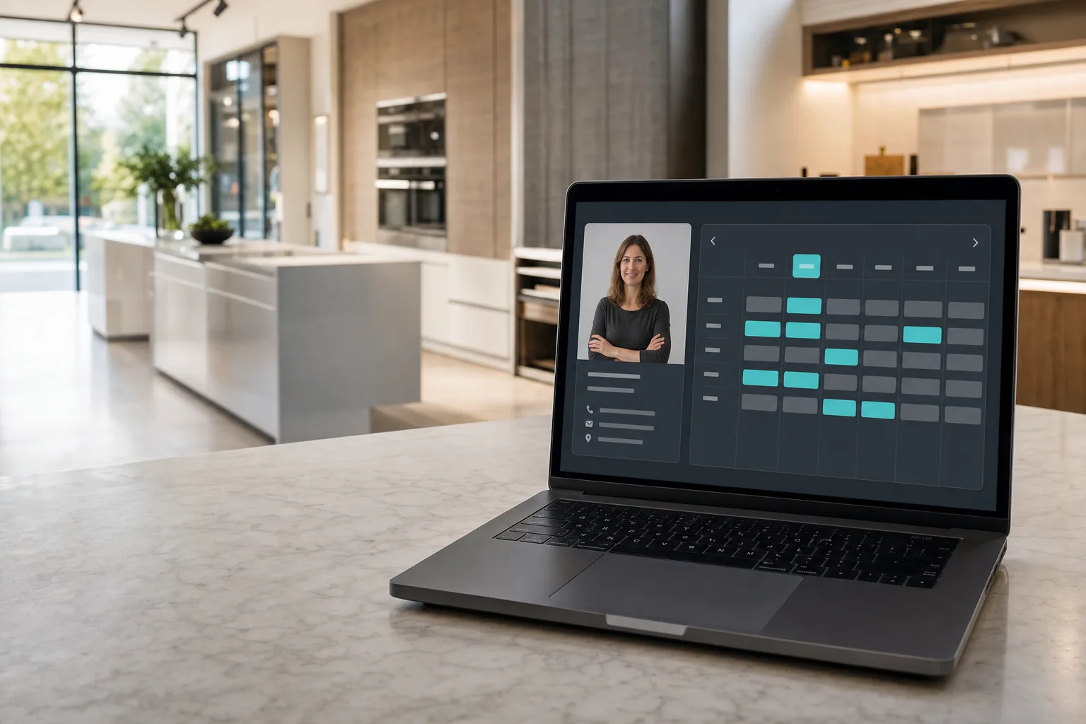 Öffentliche OMNI-Booking-Seite mit Berater-Profil und Kalender auf einem Laptop im Küchenstudio