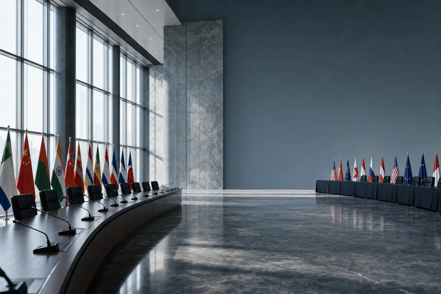 Two competing diplomatic summit halls with national flags, symbolizing the SCO and G20 visions of global order