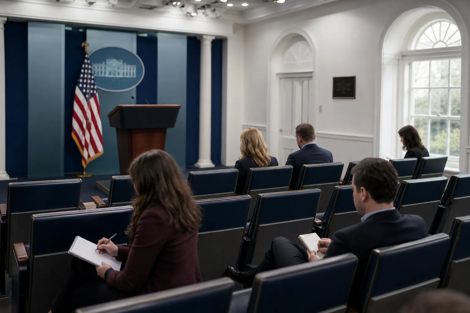 Reporters with press credentials in the White House briefing room
