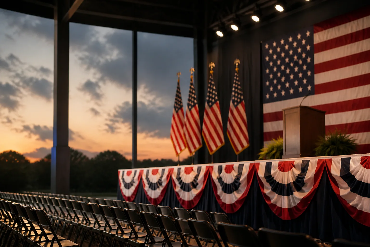 Convention hall stage decorated with red, white and blue bunting