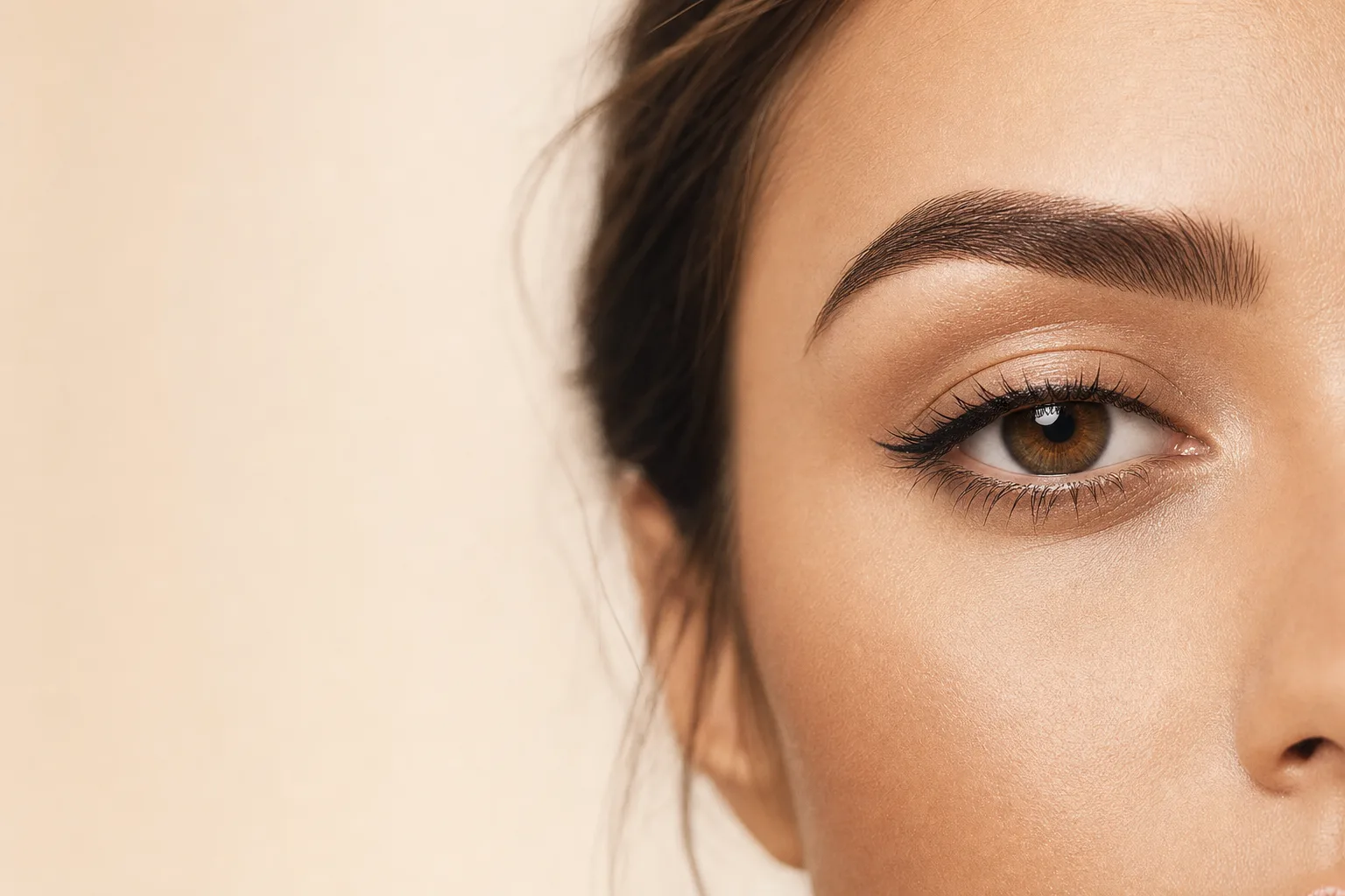 Nahaufnahme einer natürlich definierten Augenbraue mit feinem Lidstrich nach Permanent Make-up