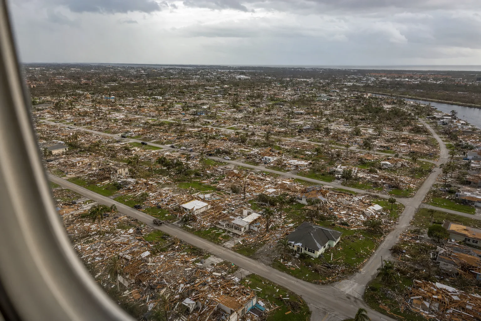 Aerial view of a Florida neighborhood flattened by Hurricane Andrew, homes reduced to debris stretching to the horizon