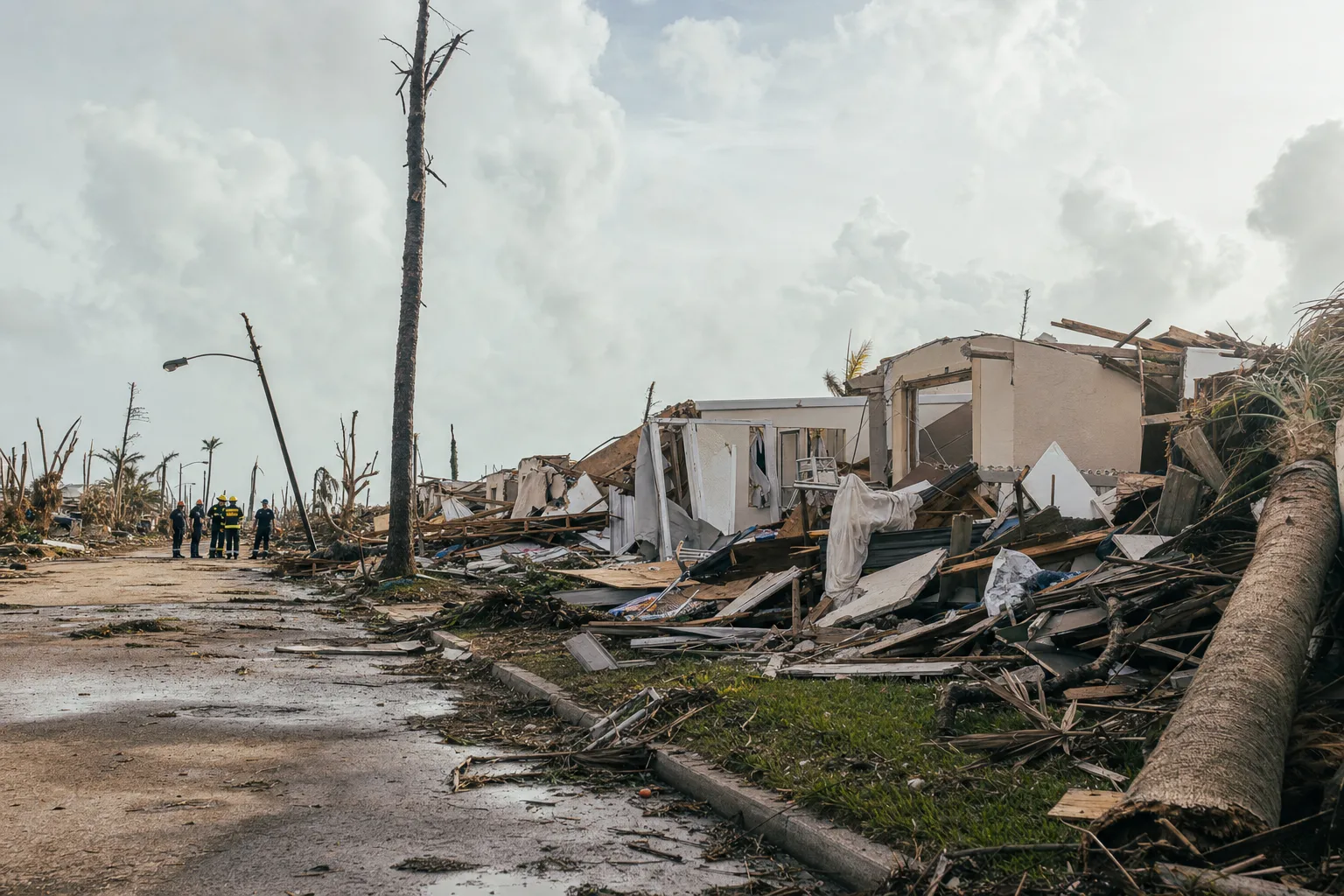 Ground-level view of a destroyed home in Homestead, Florida after Hurricane Andrew, with rubble, downed trees, and first responders surveying the wreckage