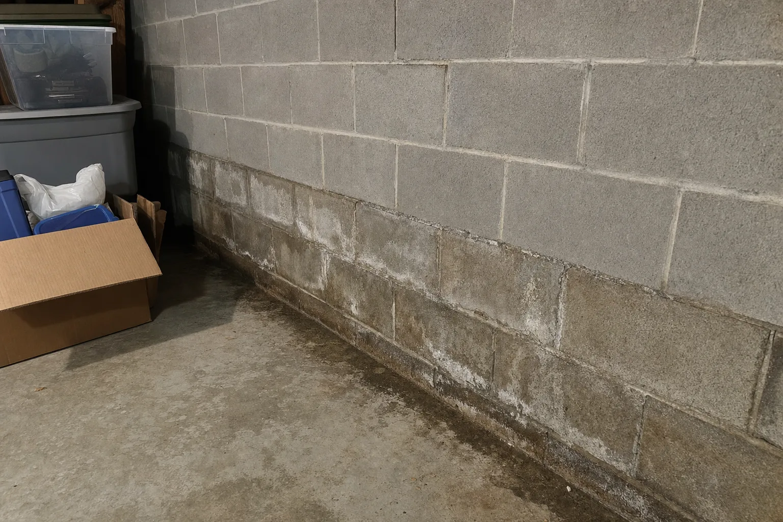 Unfinished concrete block basement foundation wall with water staining and efflorescence in a York County home.