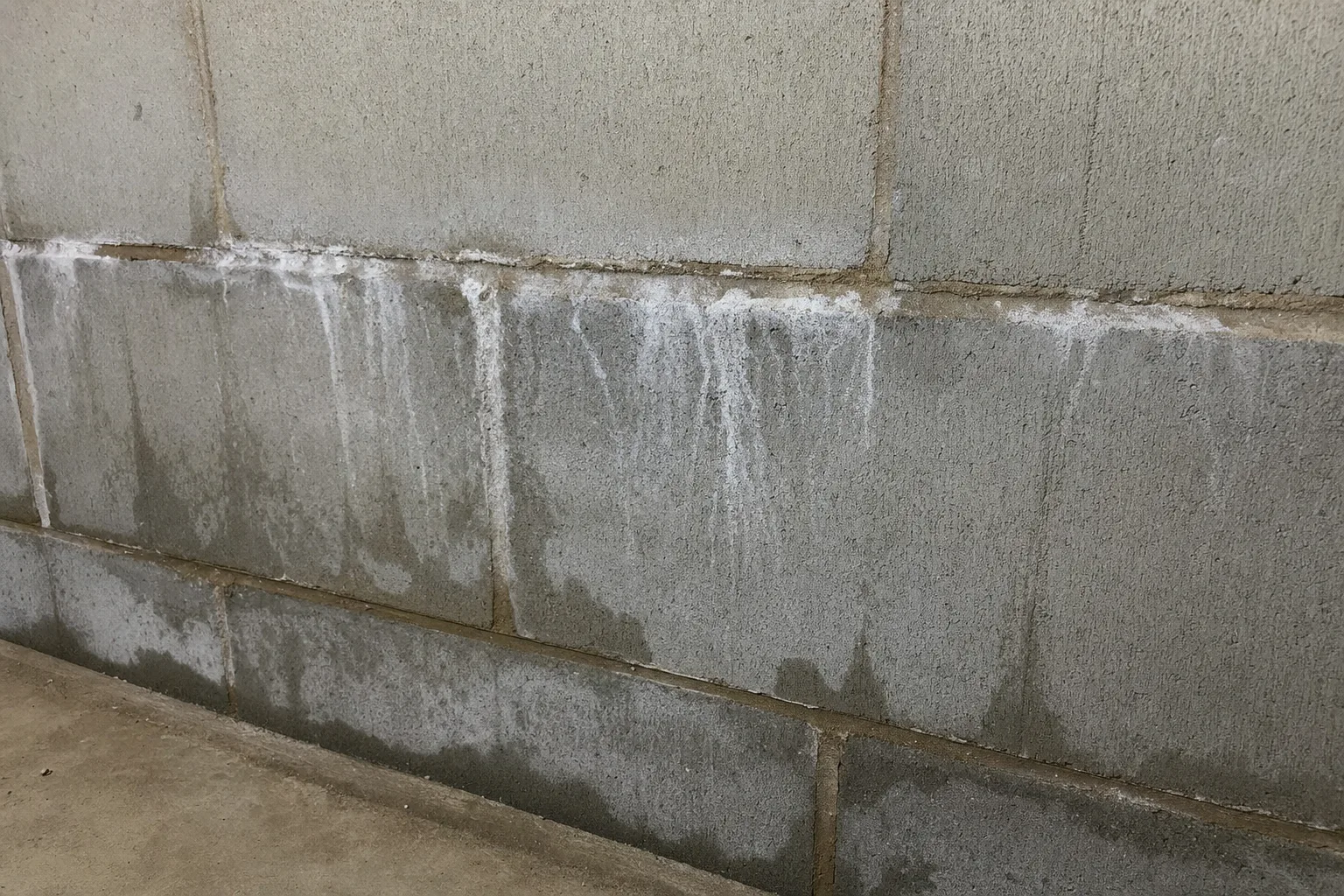 Close-up of moisture seepage and white efflorescence running from the mortar joints of a concrete block basement wall.