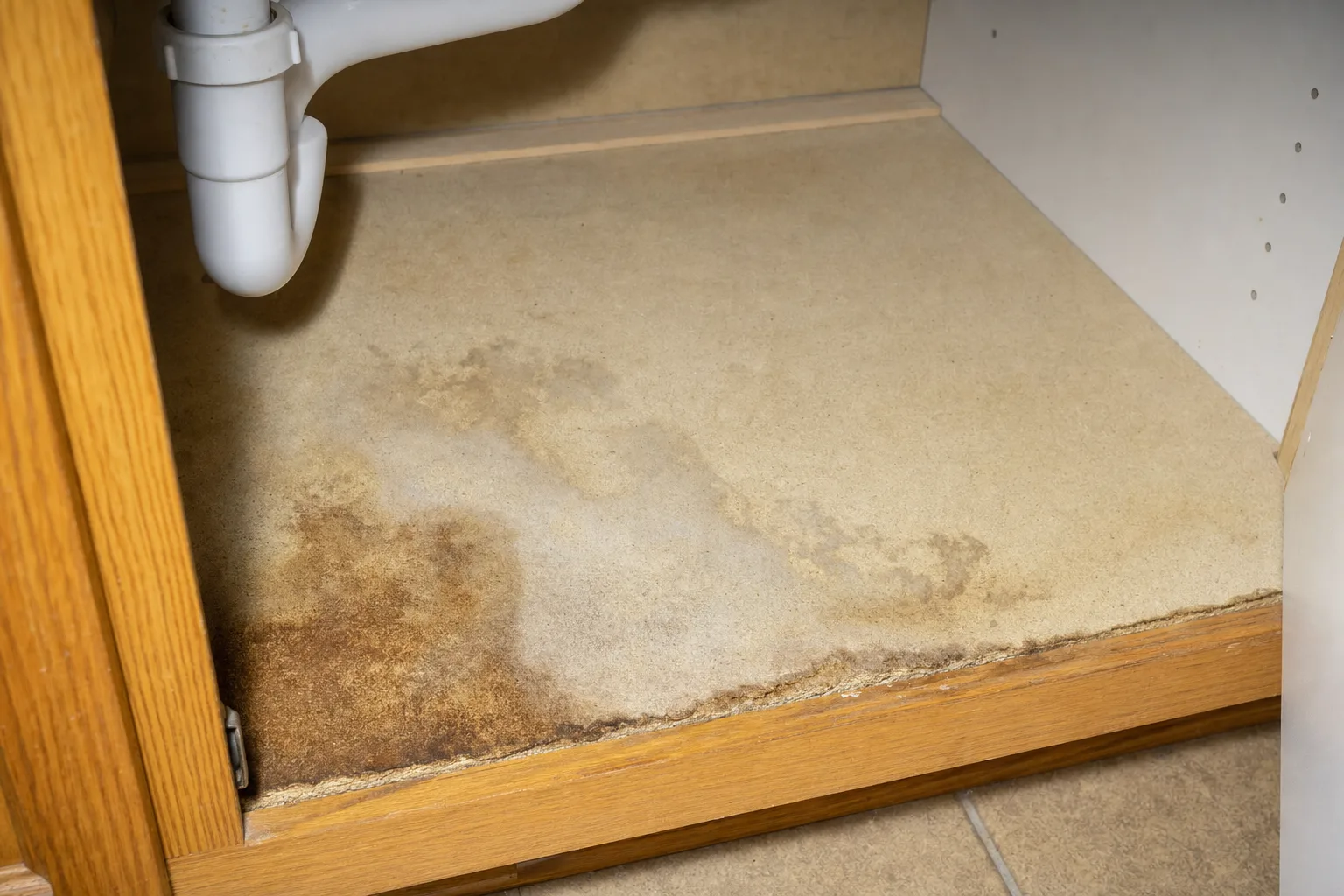Staining on the lower shelf inside a kitchen sink cabinet during a York Pennsylvania mold inspection.