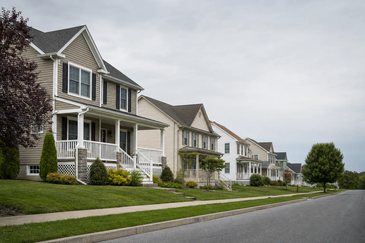 Row of residential homes in a York County Pennsylvania neighborhood