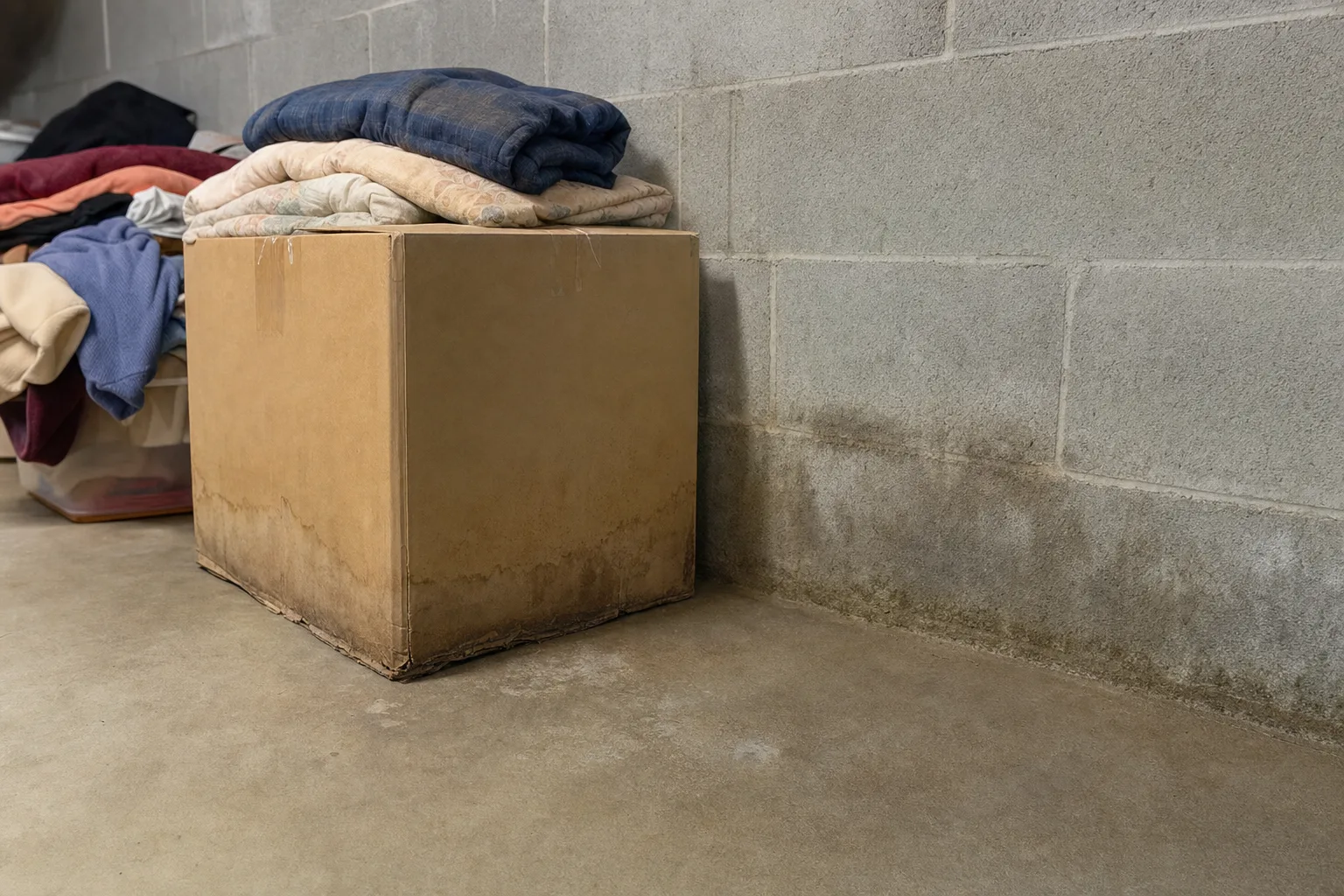 Cardboard box and stored items resting on a bare basement floor against a damp concrete block wall.
