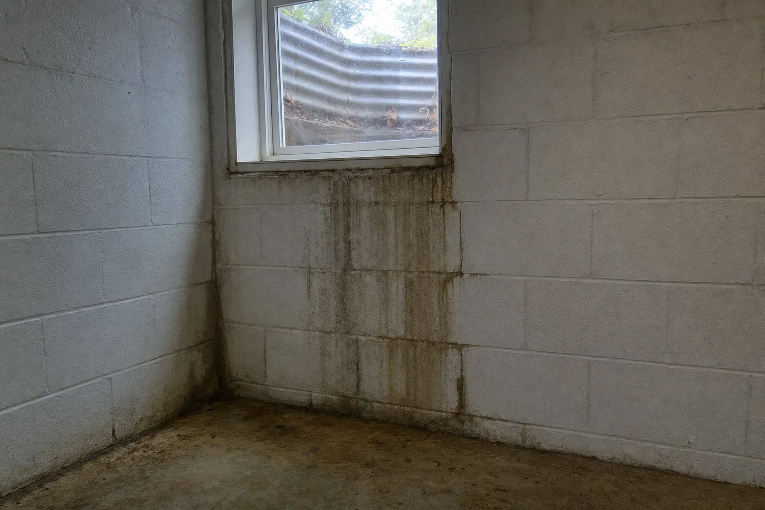 Vertical damp streak and mineral staining on a concrete block wall below a small basement window well.