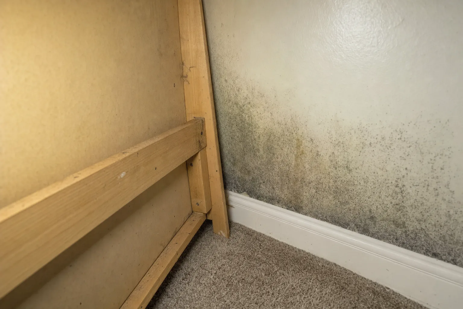 Wall behind furniture pulled slightly away revealing faint mildew spotting and a musty damp patch that had been concealed.
