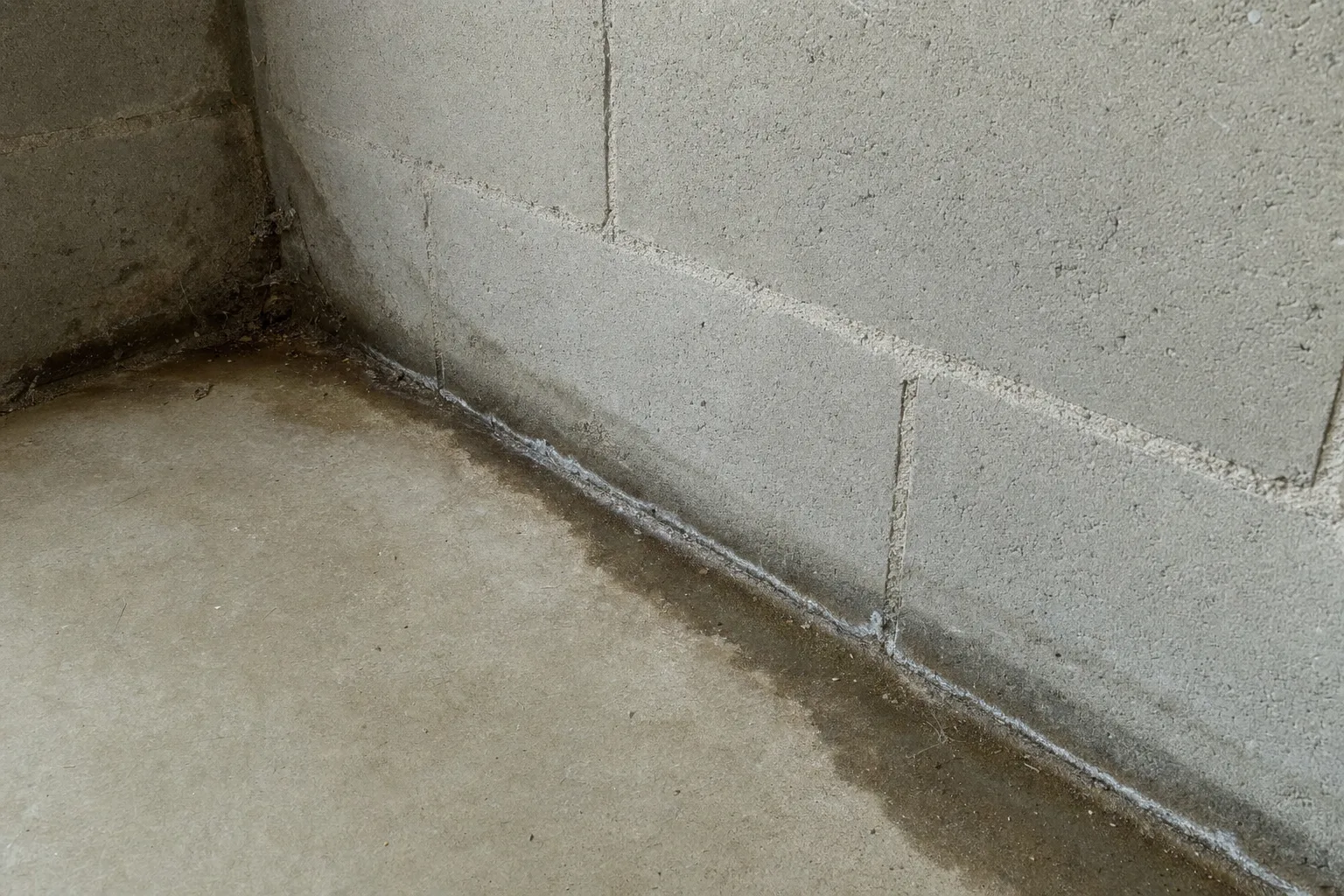 Damp line and discoloration where a concrete block basement wall meets the concrete floor slab.