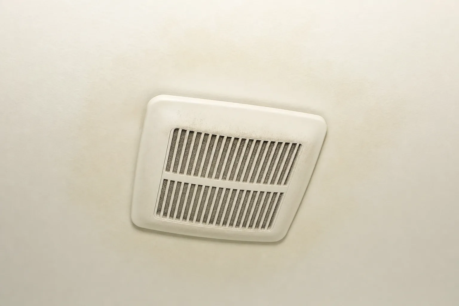 Bathroom ceiling and exhaust vent evaluated for condensation and moisture conditions.