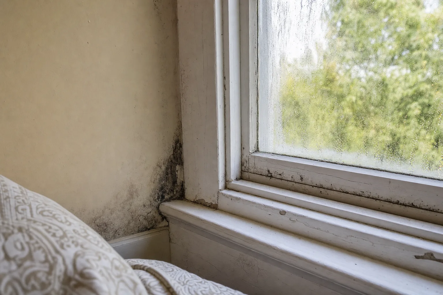 Bedroom window frame with condensation staining, peeling paint and faint mildew along the lower sash and adjacent wall corner.