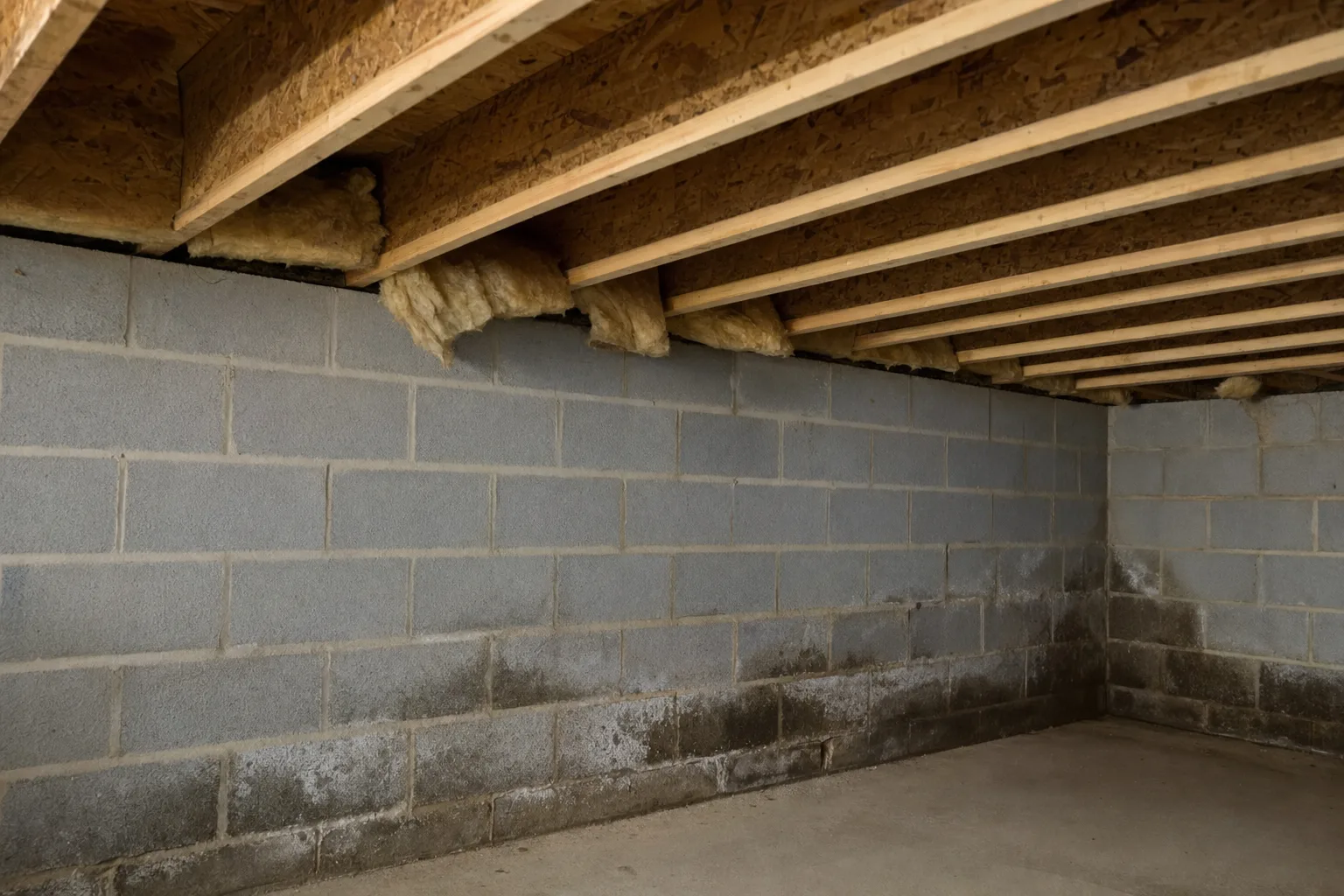 Wooden basement floor joists and subfloor above a damp concrete block wall with sagging insulation.