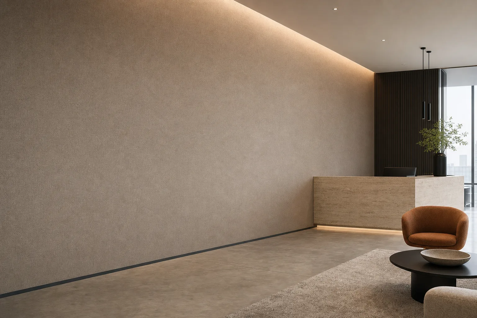 Full-height acoustic stretched fabric feature wall in a premium commercial office reception