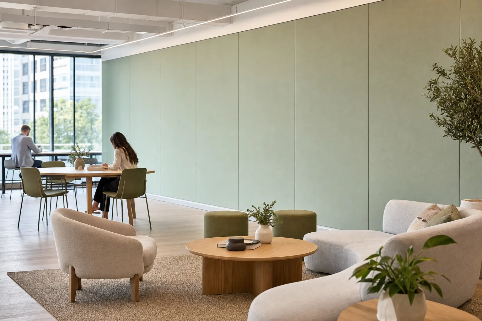 Office breakout space with a seamless single-colour stretched acoustic fabric wall providing office acoustic treatment