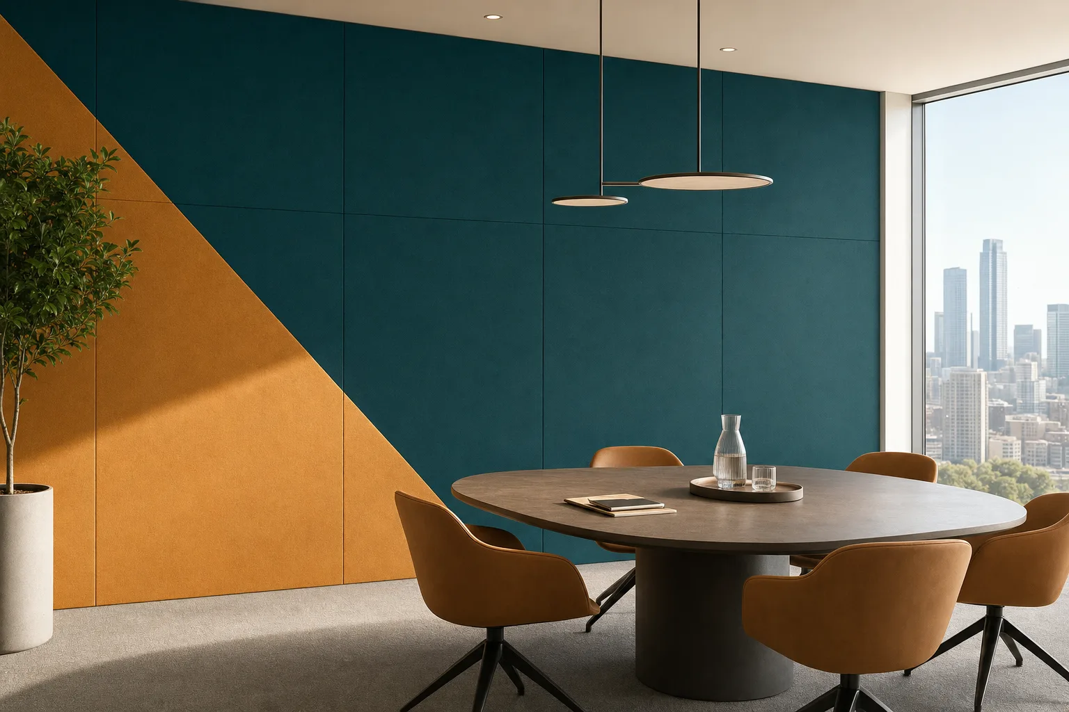 Colour-blocked stretched fabric acoustic feature wall combining contrasting fabric sections in a design-led meeting room