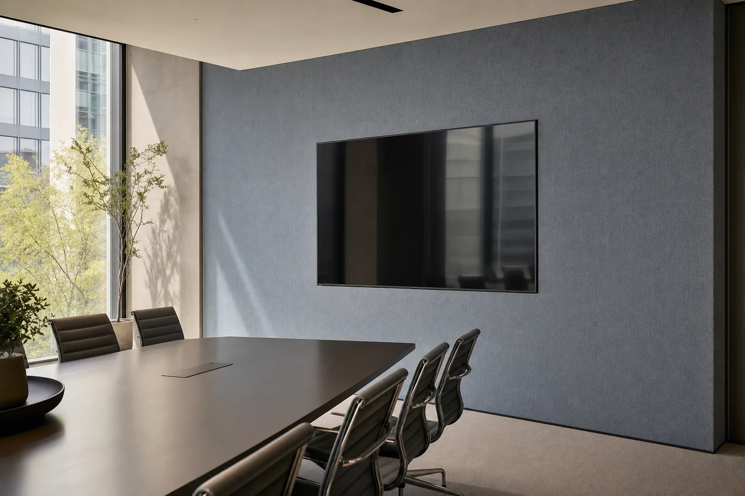 Acoustic TV wall with a presentation screen integrated into a seamless stretched fabric acoustic feature wall in a boardroom