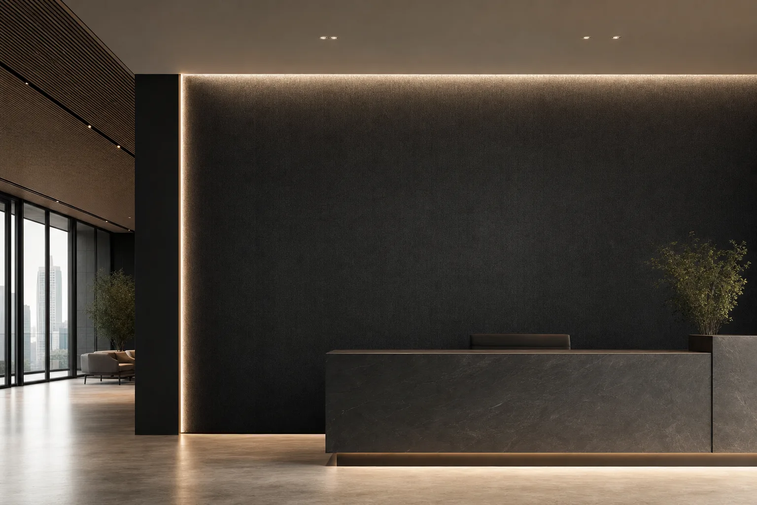Architectural reception feature wall made from a full-height charcoal stretched acoustic fabric surface with concealed lighting