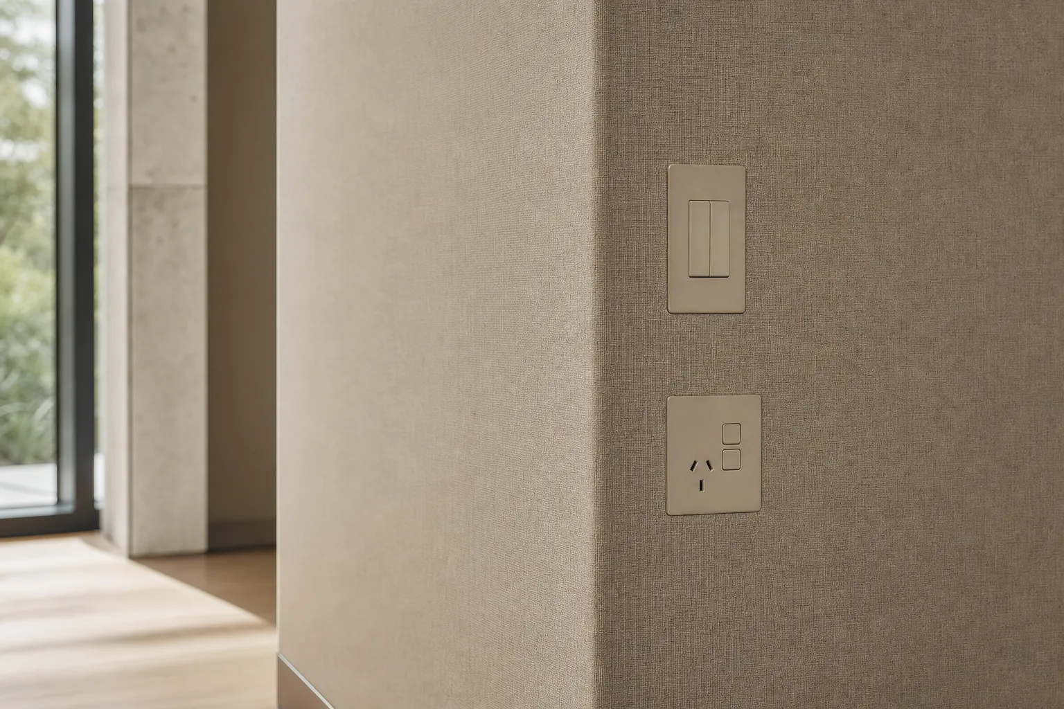 Detail of a stretched fabric acoustic wall neatly finished around an internal corner, socket and light switch