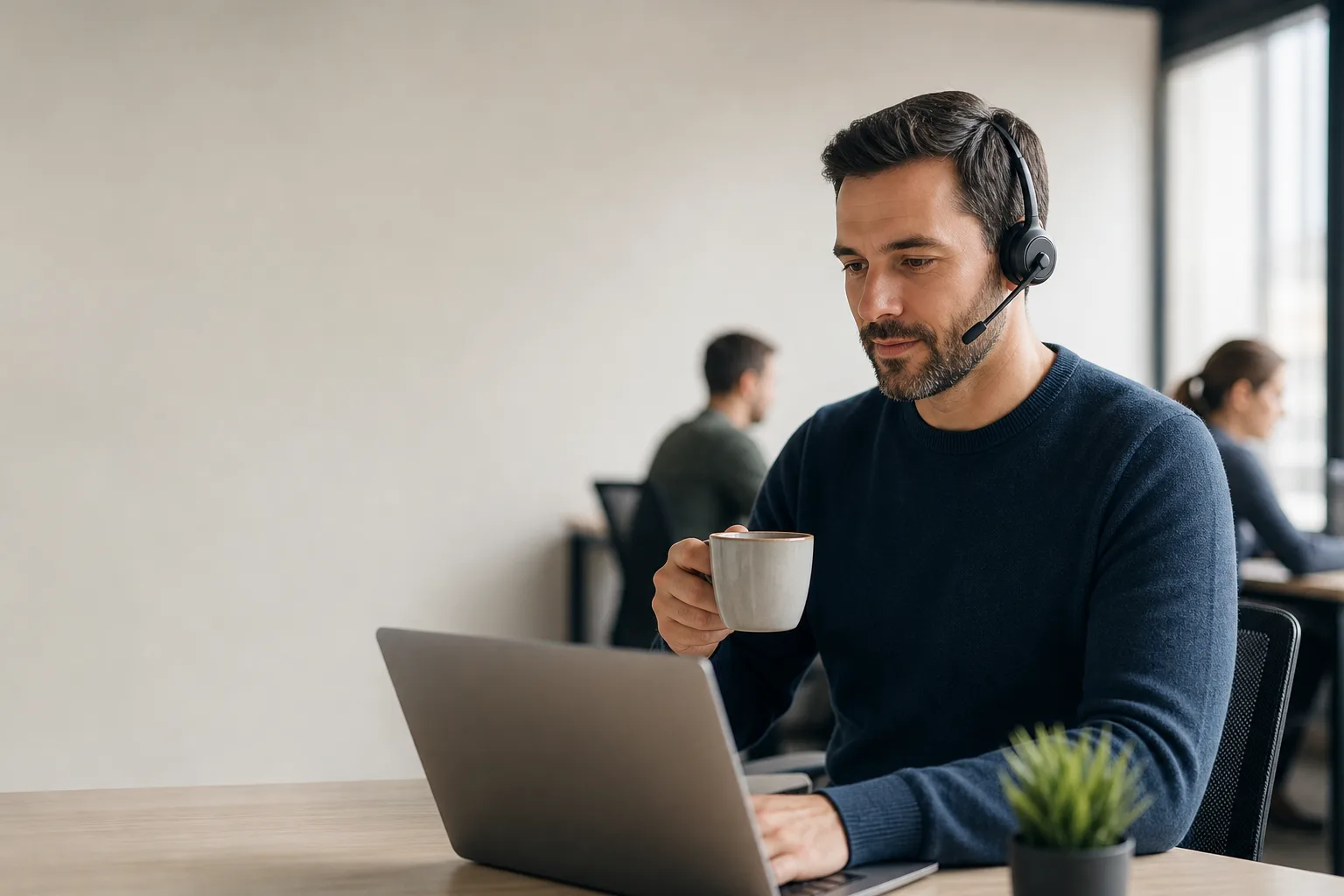 Support lead with a headset at her desk working through the afternoon queue