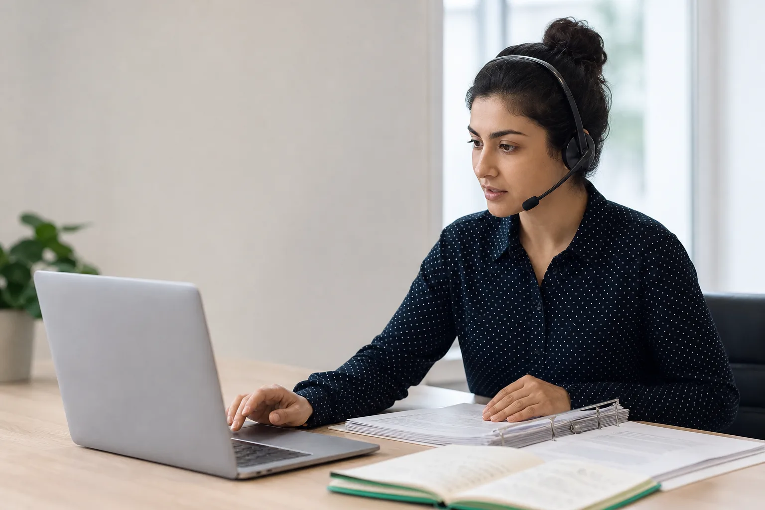Support agent at a laptop with procedure notes open, ready to take over a conversation